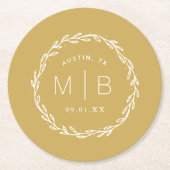Rustic Wreath Wedge Monogram | Senf Yellow Runder Pappuntersetzer (Vorderseite)