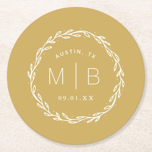 Rustic Wreath Wedge Monogram | Senf Yellow Runder Pappuntersetzer (Vorderseite)