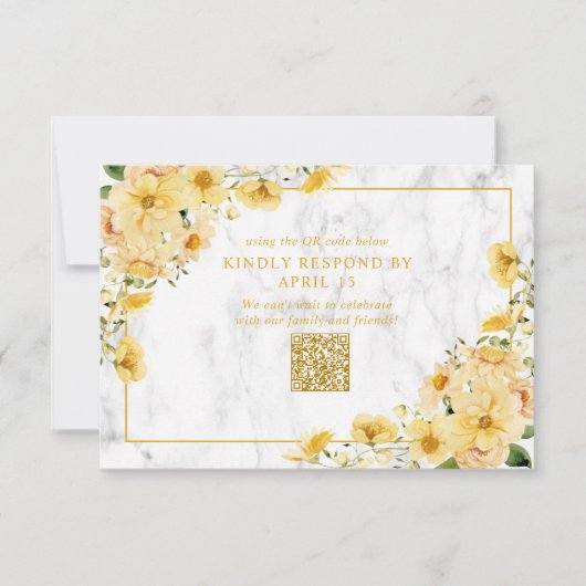 Rustic Yellow Floral Marble QR Code Wedding RSVP Karte (Vorderseite)