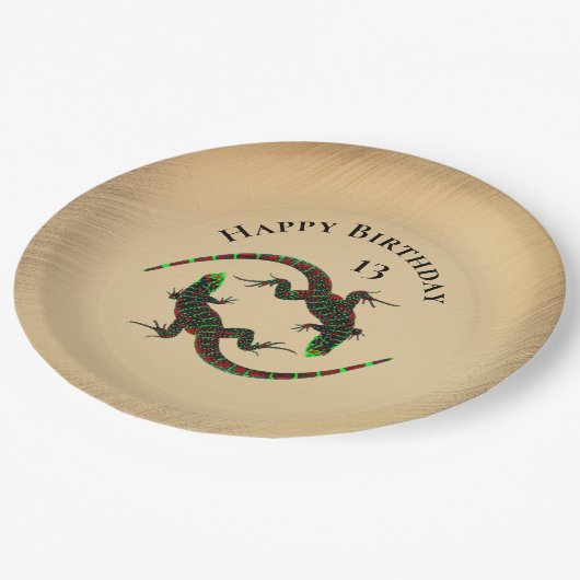 Rustic Yin Yang Lizards Birthday Pappteller (Schrägansicht)