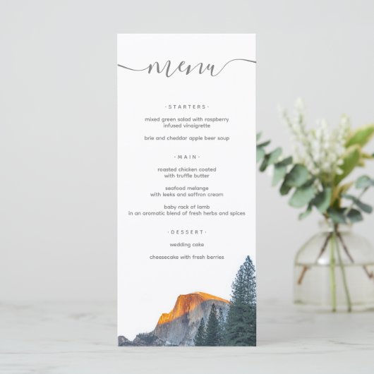 Rustic Yosemite Half Dome Sunset Wedding Menükarte (Stehend Vorderseite)