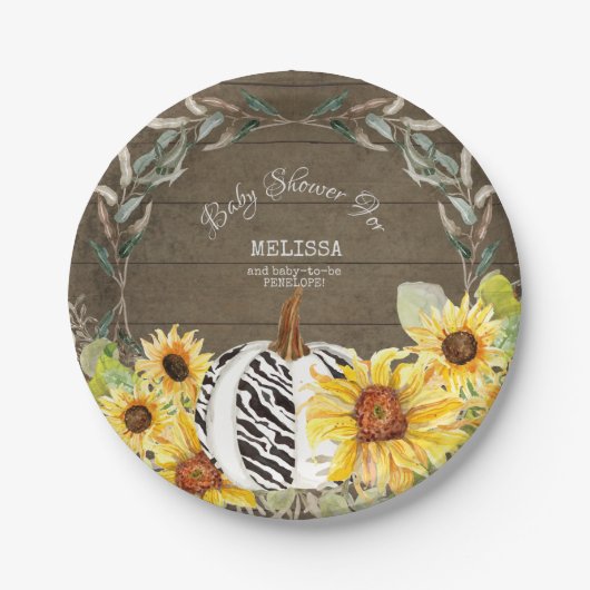 Rustic Zebra White Pumpkin Sunflowers Baby Dusche Pappteller (Vorderseite)