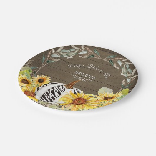 Rustic Zebra White Pumpkin Sunflowers Baby Dusche Pappteller (Schrägansicht)