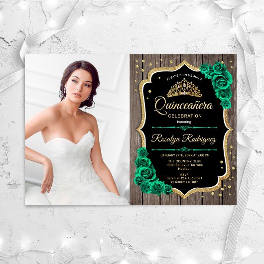 RusticEmerald Green Foto Quinceanera Einladung