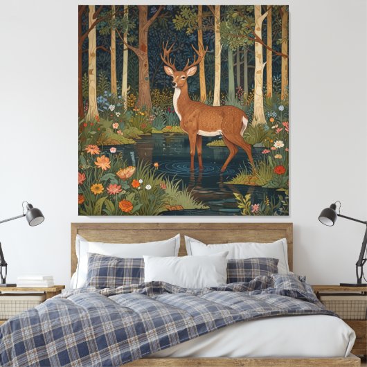 Rustige Waldhirsche Boho-Waldgrün Leinwanddruck (Insitu (Schlafzimmer))
