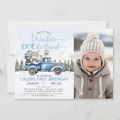 Rustiger blauer LKW Winter Onederland 1. Geburtsta Einladung (Vorderseite)
