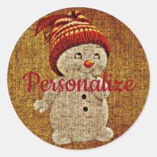 Rustiger Schneemann auf Jute, niedlicher Winter br Runder Aufkleber