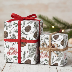 Rustiges Frohe Weihnachten Zapfen & Stechpalmenbee Geschenkpapier