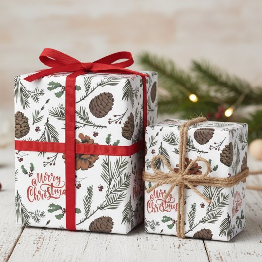 Rustiges Frohe Weihnachten Zapfen & Stechpalmenbee Geschenkpapier