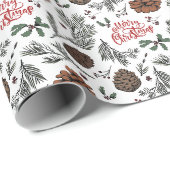 Rustiges Frohe Weihnachten Zapfen & Stechpalmenbee Geschenkpapier (Rolleneckpunkt)