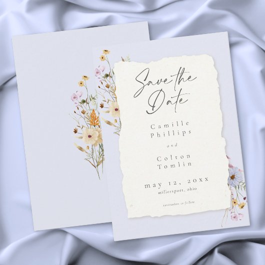 Rustik Blaue Romantische Wildblumen-Hochzeit Save The Date