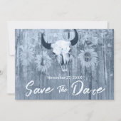 Rustik Blaue Sonnenblumen mit Stier-Schädel Save The Date (Vorderseite)