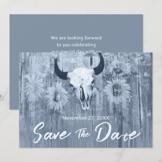 Rustik Blaue Sonnenblumen mit Stier-Schädel Save The Date (Vorne/Hinten)