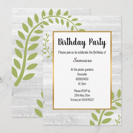 RUSTIK BOTANISCHER WHITEWASH TIMBER GEBURTSTAG EINLADUNG (Vorne/Hinten)