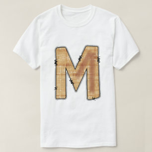Rustik Buchstabe M Jute Textur Monogramm Weiß T-Shirt