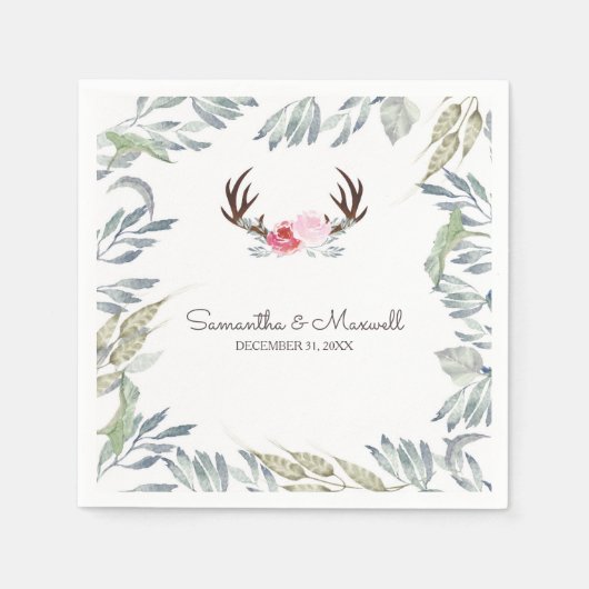 RUSTIK Hirschantler und rosa Rose Serviette (Vorderseite)