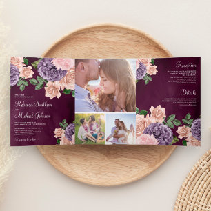 Rustik Staubiges Pfirsich Lila Florales Pflaumen H Dreifach Gefaltete Einladung