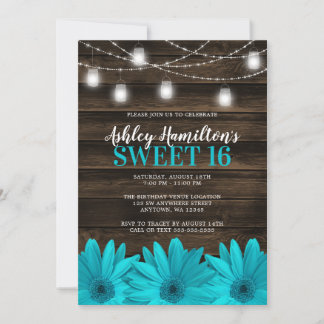 Rustikal Aquamarin Daisy Mason Jar Lights Sweet 16 Einladung