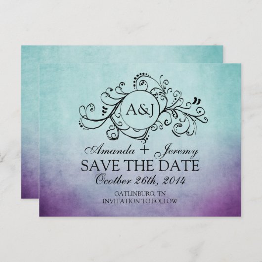 Rustikal Aquamarin und Lila Bohemisch Save the Dat Ankündigungspostkarte (Vorne/Hinten)