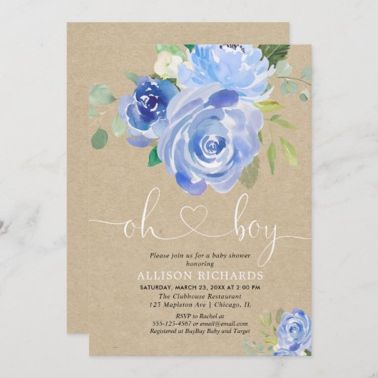 Rustikal-Babydusche blauer Blumenkraft Einladung (Vorne/Hinten)