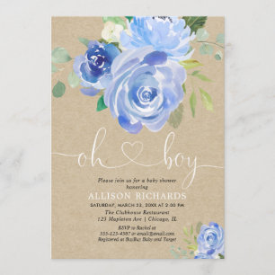 Rustikal-Babydusche blauer Blumenkraft Einladung