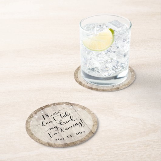 Rustikal, blassbraun, Holz und Lichter, "Ich tanze Runder Pappuntersetzer (Vor Ort)