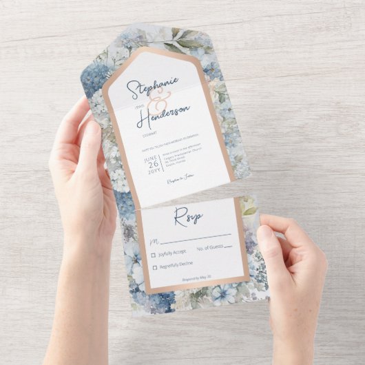Rustikal Blau Blume Rose Gold Kein Abendessen All In One Einladung (Abreißen)