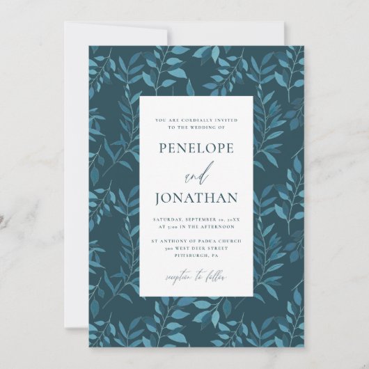 Rustikal Blau botanisch mit Dots Wedding Einladung (Vorderseite)