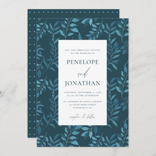 Rustikal Blau botanisch mit Dots Wedding Einladung (Vorne/Hinten)