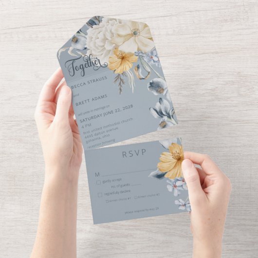 Rustikal Blau Gelb & Weiß Blütenblauer Abendessen All In One Einladung (Abreißen)