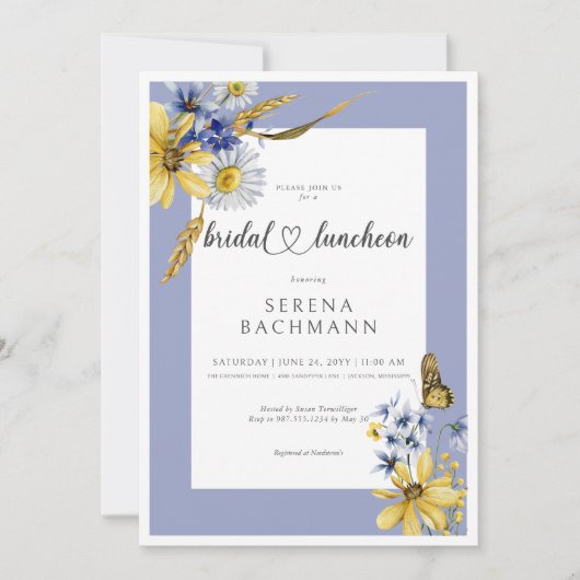 Rustikal Blau & Gelb Wildblumen Bridal Brunch Einladung (Vorderseite)