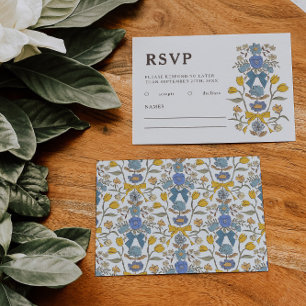 Rustikal, blau-gelbe Bogen und Blume Hochzeit RSVP Karte