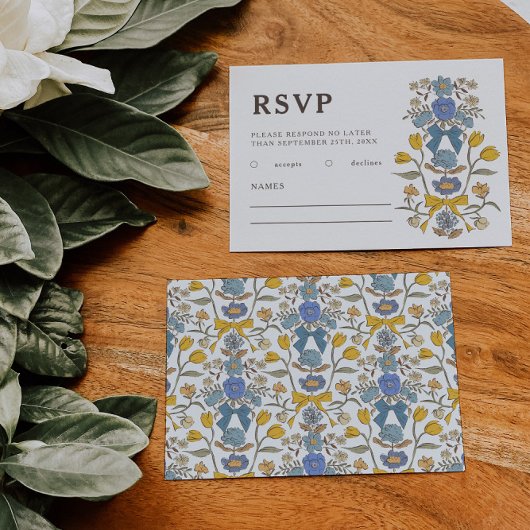 Rustikal, blau-gelbe Bogen und Blume Hochzeit RSVP Karte