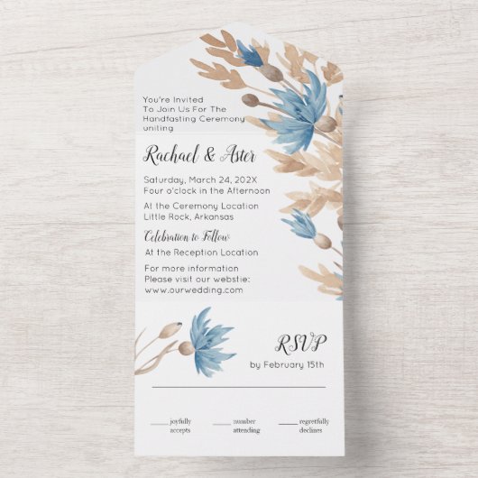 Rustikal, blau getrocknete Blume behandeln Hochzei All In One Einladung (Innen Boden)