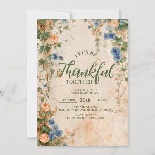 Rustikal Blau und Orangen Erntedank Abendessen Einladung (Vorderseite)