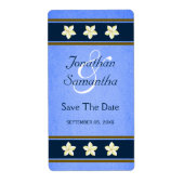 Rustikal blaue Blüten Save the Date Weinmarken Gro (Vorne)