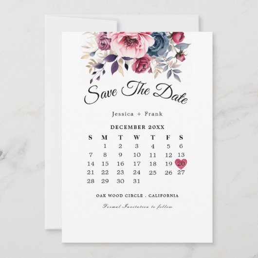 Rustikal blaue Bordeaux & lila Blumenhochzeit Save The Date (Vorderseite)