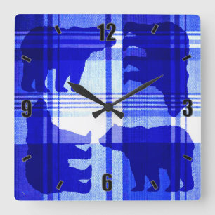 Rustikal-blaue karierte Bärenhalle Quadratische Wanduhr