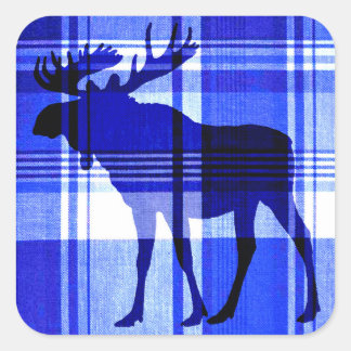 Rustikal-blaue karierte Elchquadratischer Aufklebe Quadratischer Aufkleber