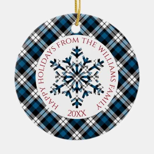 Rustikal Blaue Karo Schwarzer Tartan Schneeflocken Keramik Ornament (Vorne)