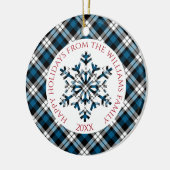 Rustikal Blaue Karo Schwarzer Tartan Schneeflocken Keramik Ornament (Links)