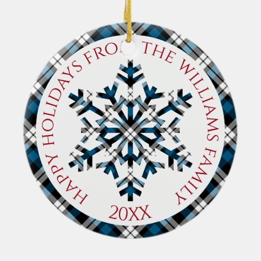 Rustikal Blaue Karo Schwarzer Tartan Schneeflocken Keramik Ornament (Hinten)