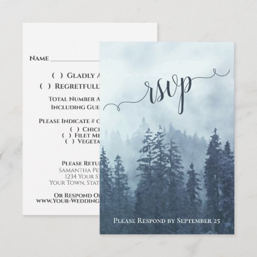 Rustikal Blaue Pine Trees Bergwald Hochzeit RSVP Karte (Vorne/Hinten)