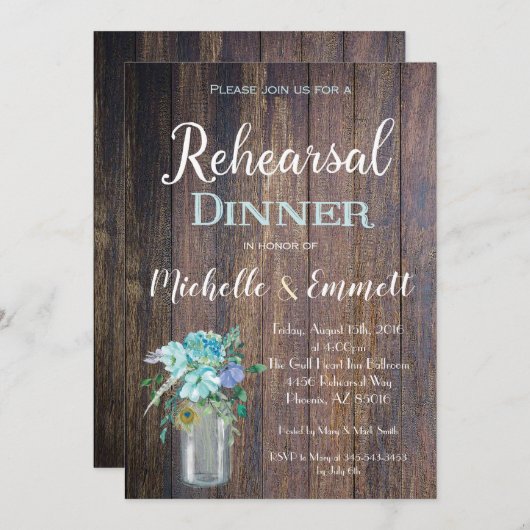 Rustikal Blaue Probe Abendessen Einladung (Vorne/Hinten)