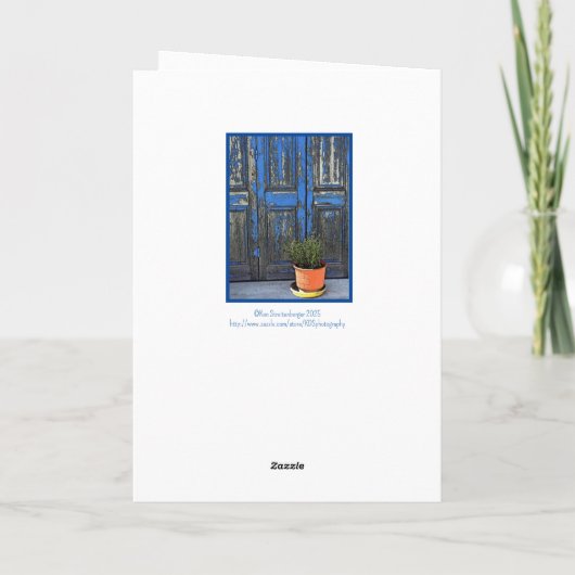 Rustikal blaue Tür/ BALD GUT Karte (Rückseite)