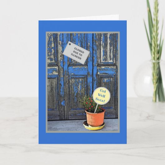 Rustikal blaue Tür/ BALD GUT Karte (Vorderseite)