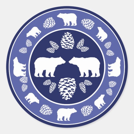 Rustikal-blauer Bärenpinecon-Rundkleber Runder Aufkleber (Vorderseite)