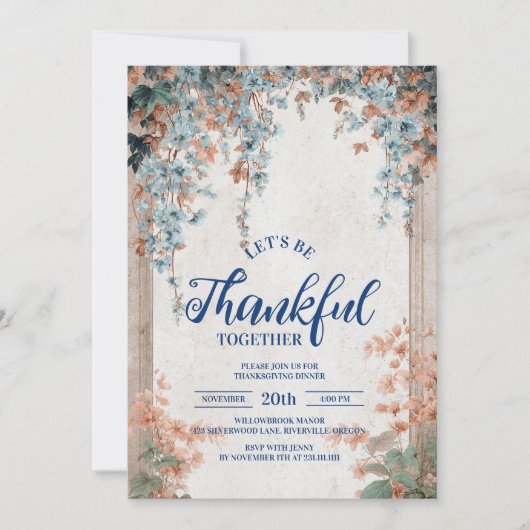 Rustikal Blauer Herbst Erntedank Abendessen Einladung (Vorderseite)
