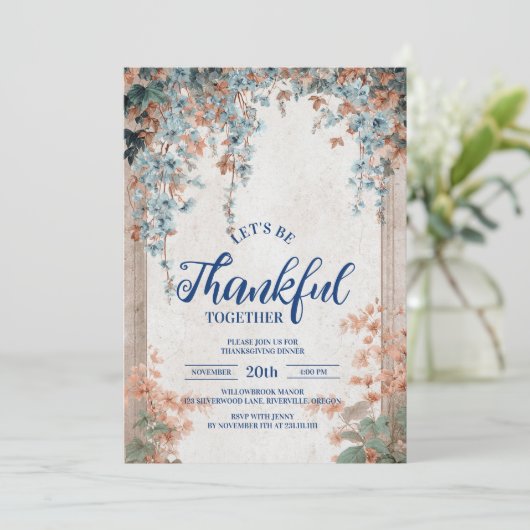 Rustikal Blauer Herbst Erntedank Abendessen Einladung (Stehend Vorderseite)
