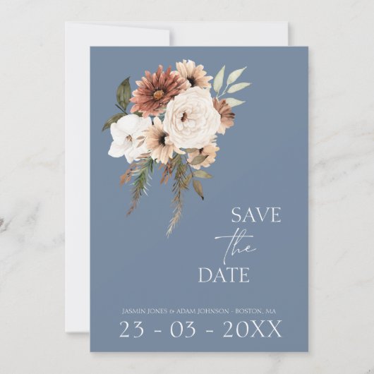 Rustikal blauer Pfirsichblütenhochzeit Das Datum s Save The Date (Vorderseite)